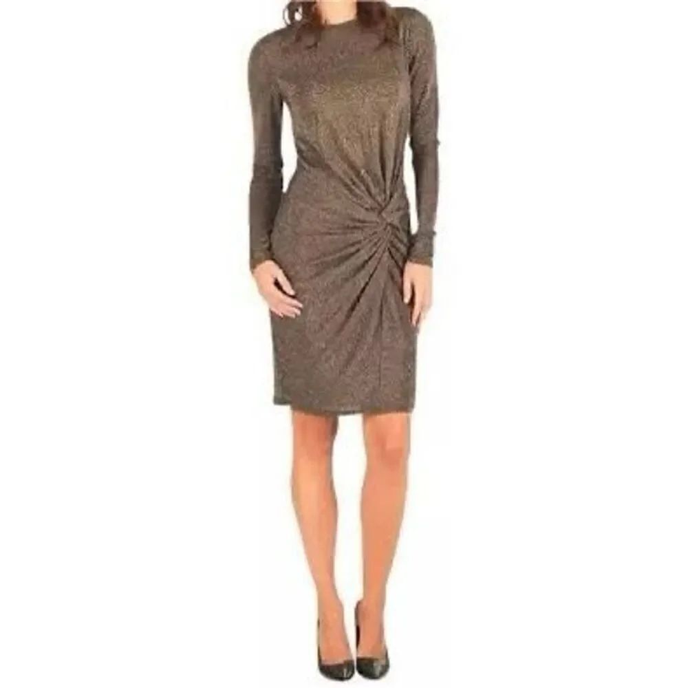 Ted Baker Women’s Size 2 Gold Knot Front Lurex Dress Long Sleeve Knee Length
